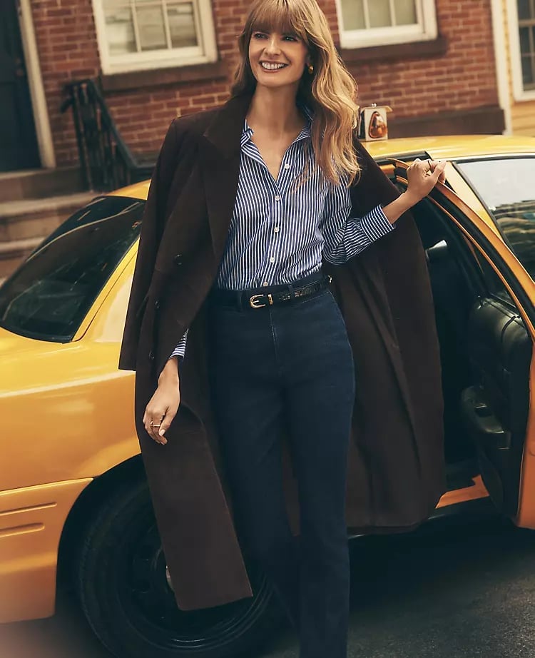 Brown Coat Over Striped Shirt and Jeans Brown Coat Over Striped Shirt and Jeans — Classy New York Outfits