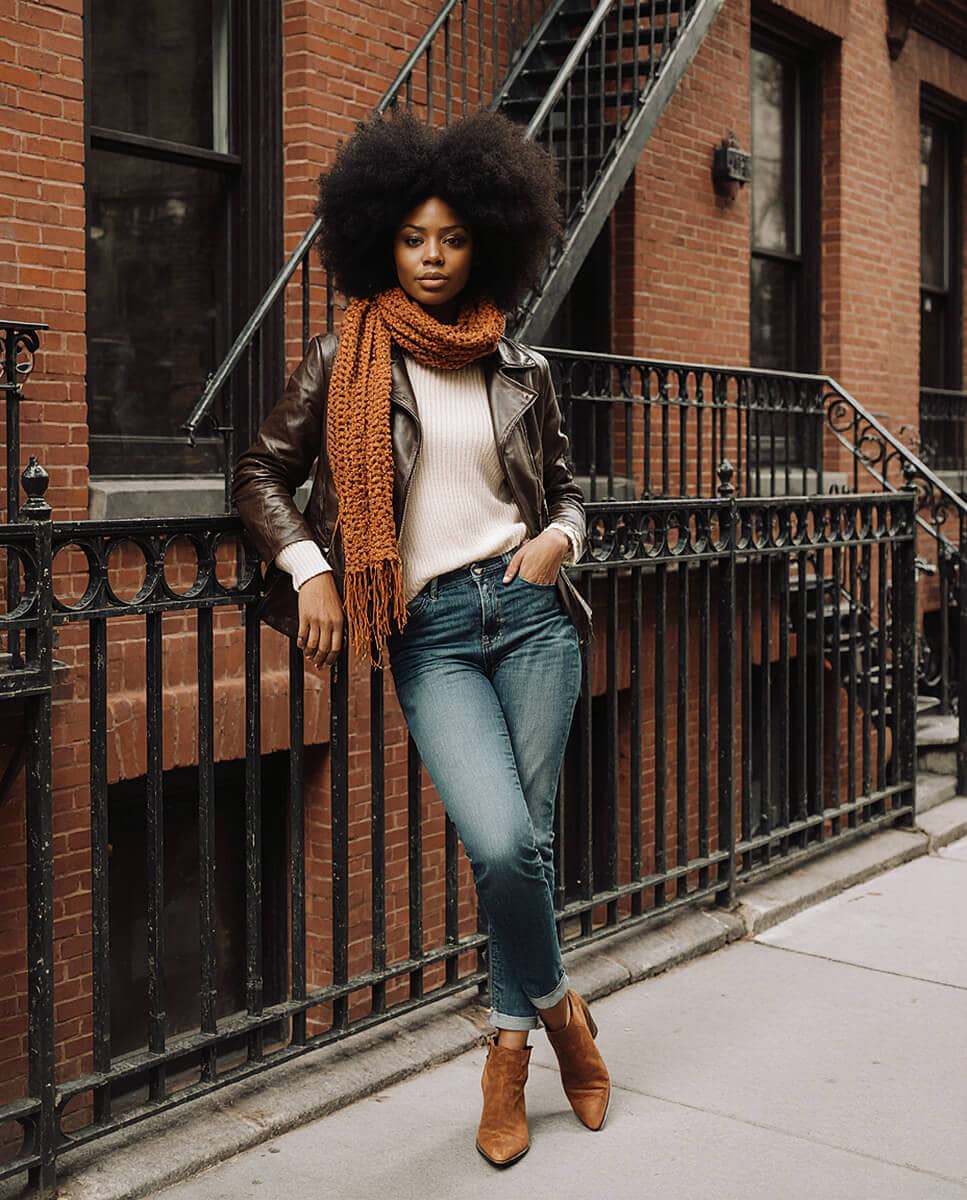 Leather Jacket with Knit Sweater and Jeans Leather Jacket with Knit Sweater and Jeans — Classy New York Outfits