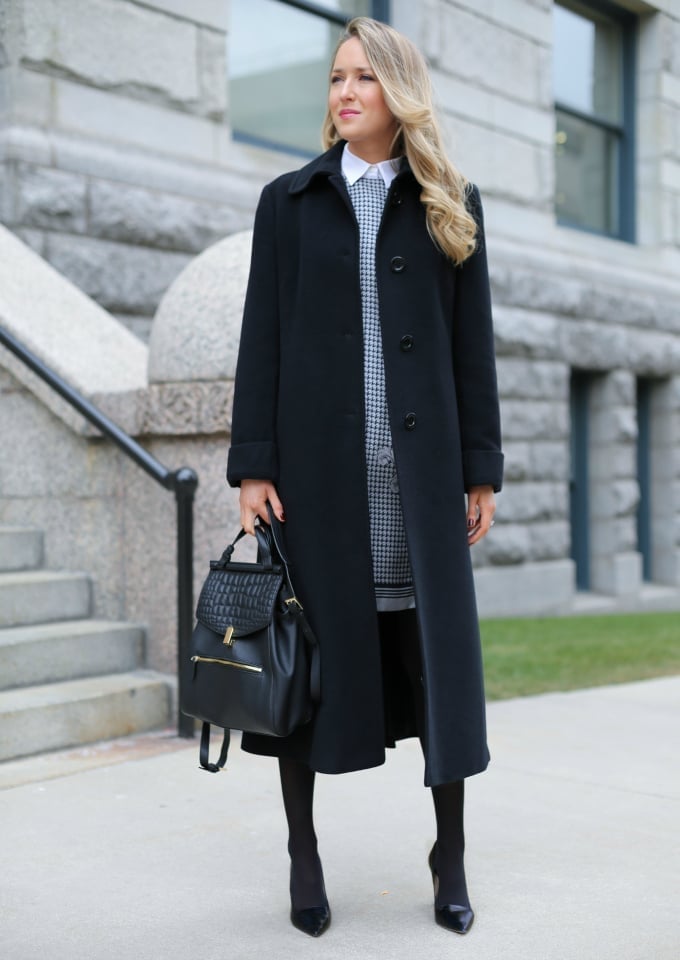 Long Black Coat Over a Patterned Dress Long Black Coat Over a Patterned Dress — Classy New York Outfits