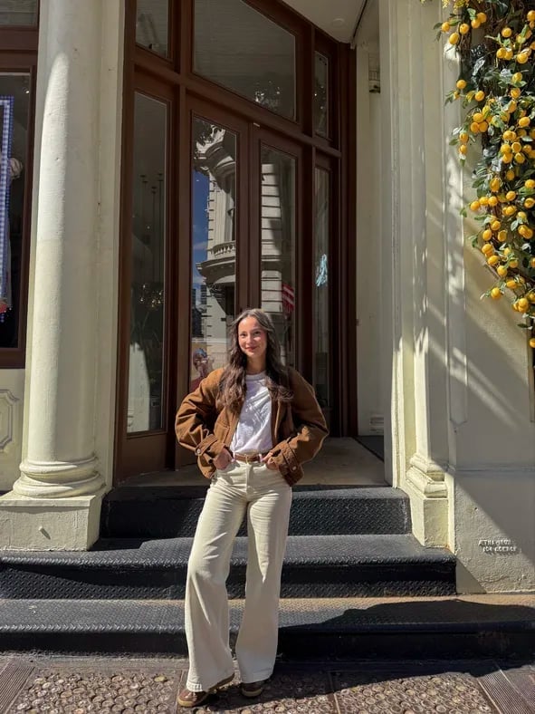 Cropped Corduroy Jacket With Cream Trousers — Classy New York Style