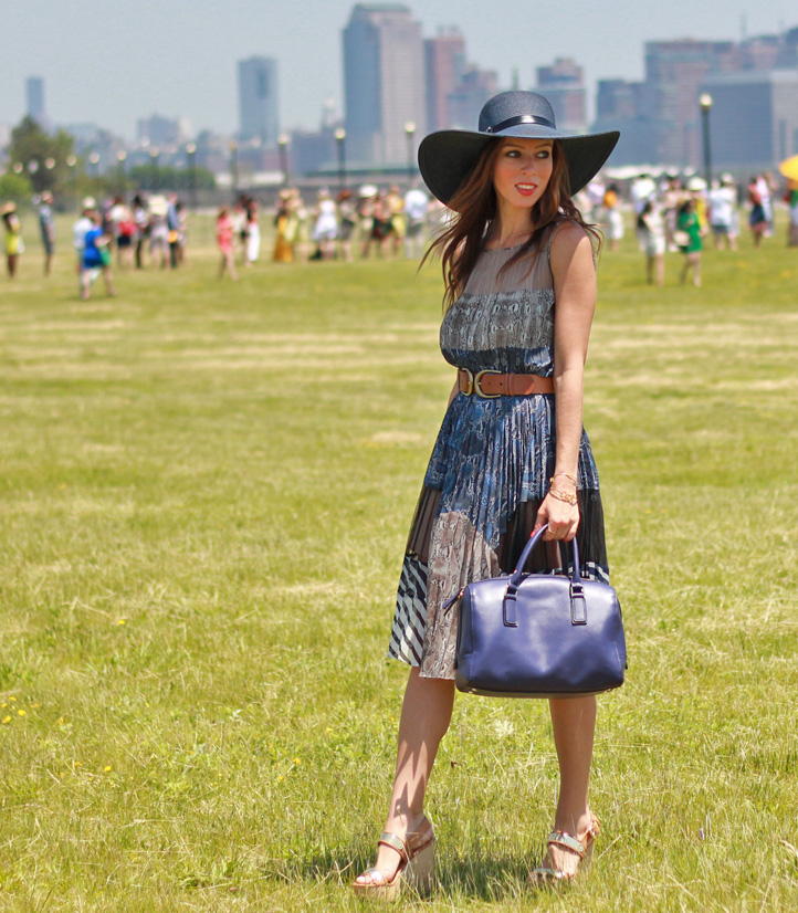 Patterned Dress With Wide Brimmed Hat and Cinched With A Brown Belt — Classy New York Style