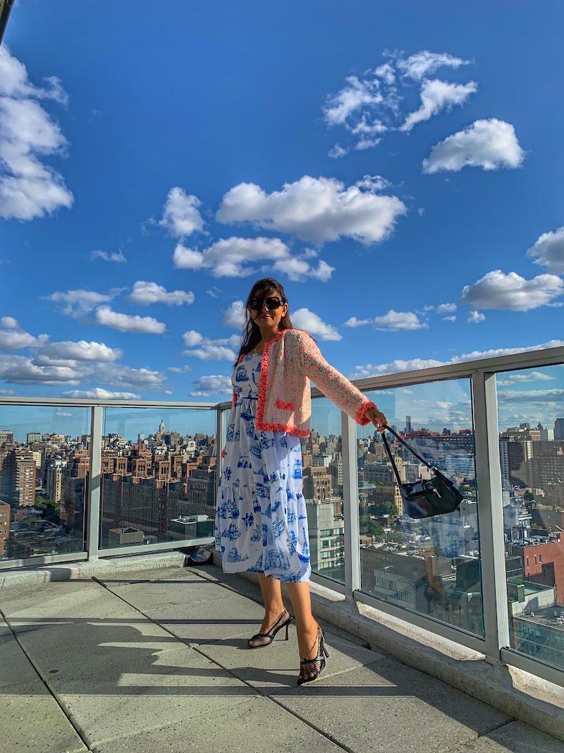 Patterned Midi Dress With Tweed Jacket, Close-Up Take — Classy New York Style