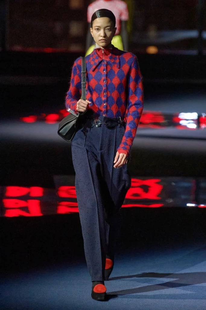 Argyle Cardigan With Wide Leg Trousers and Red And Black Loafers — Classy New York Style