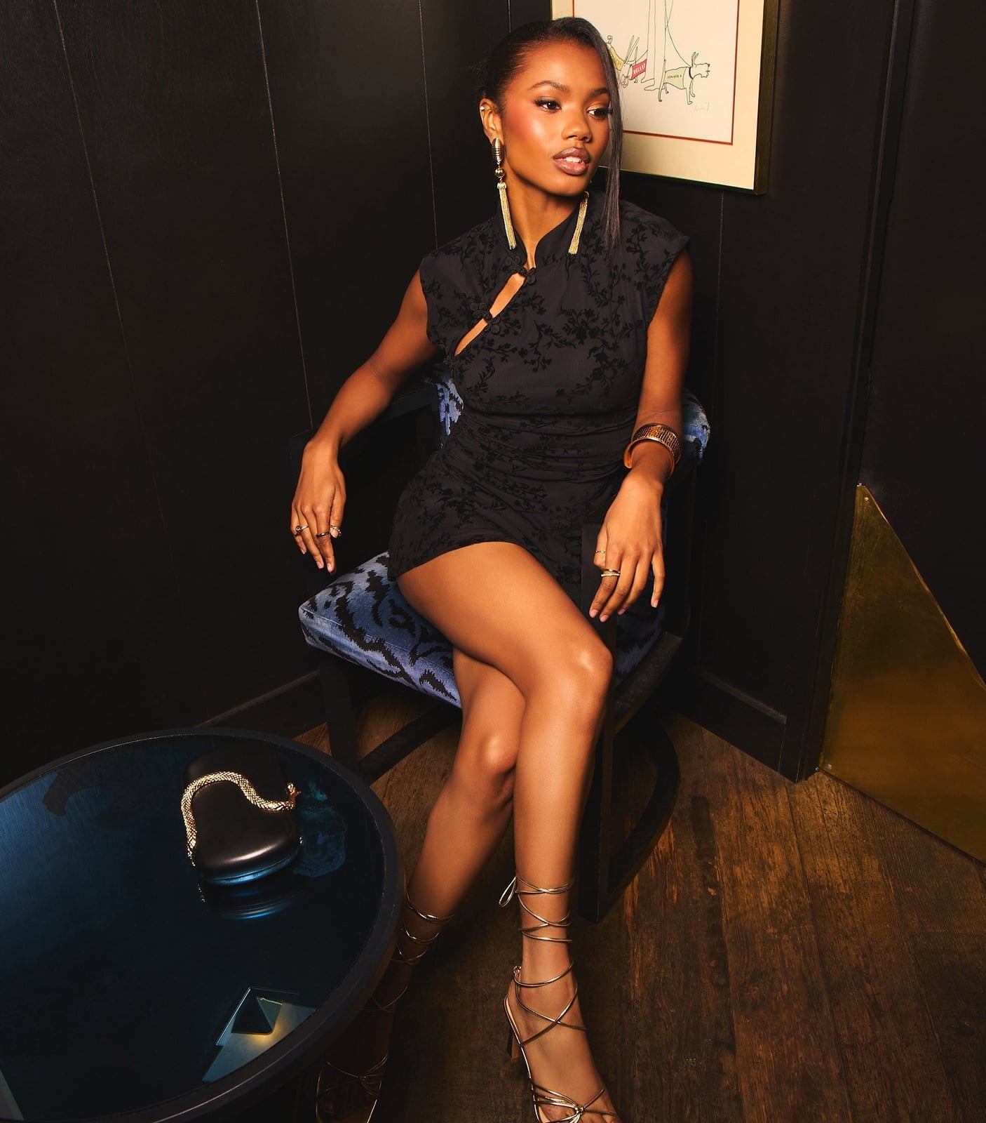 Black Fitted Mini Dress with Floral Pattern — Classy Night Club Outfit
