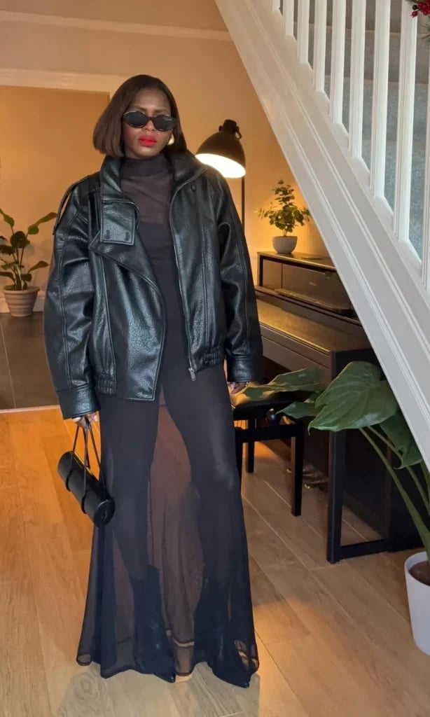 Oversized Black Leather Moto Jacket Over Sheer Black Maxi Dress — Classy Night Club Outfit