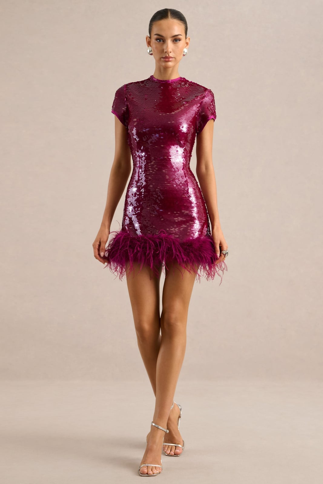 Pink Sequined Mini Dress with Feather Trim — Classy Night Club Outfit