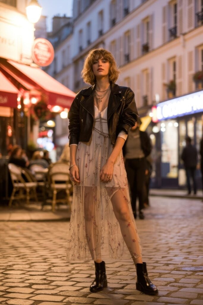 Black Leather Jacket Over Sheer Floral Midi Dress — Classy Night Club Outfit