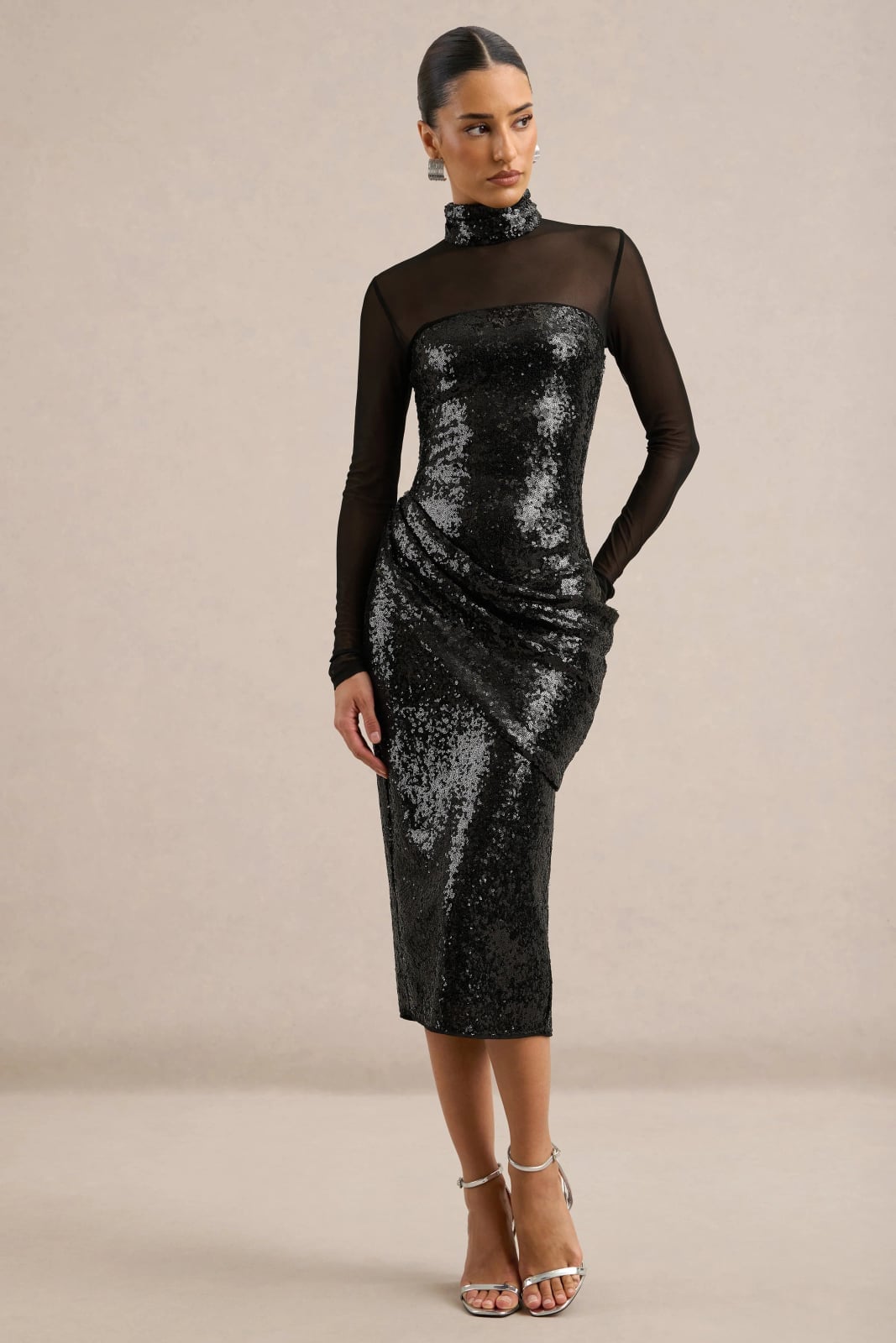 Black Sequined Midi Dress with Sheer Mesh Neckline — Classy Night Club Outfit