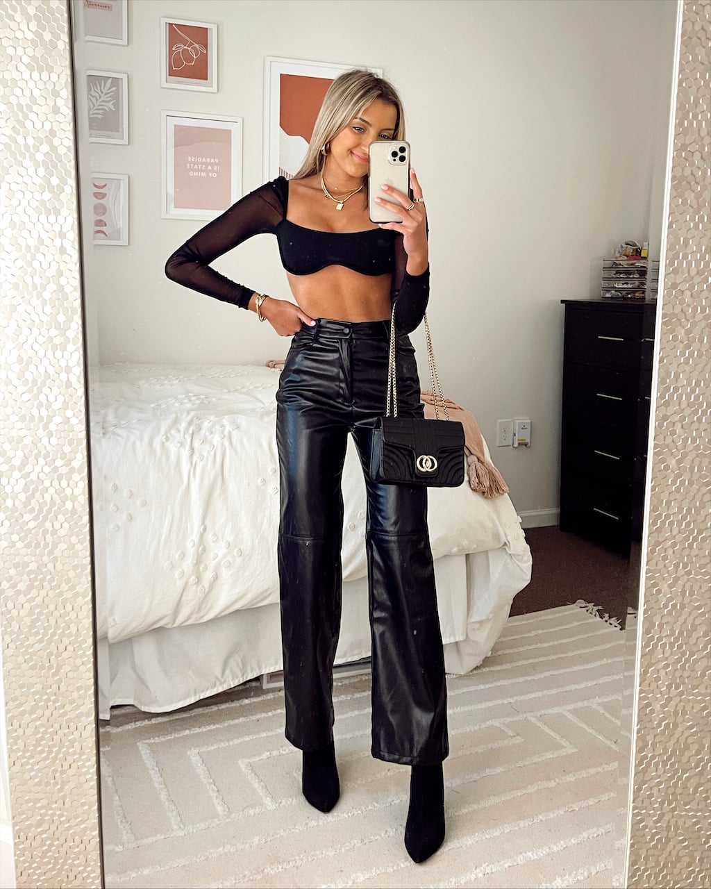 Black Leather Wide-Leg Trousers with Mesh Top — Classy Night Club Outfit