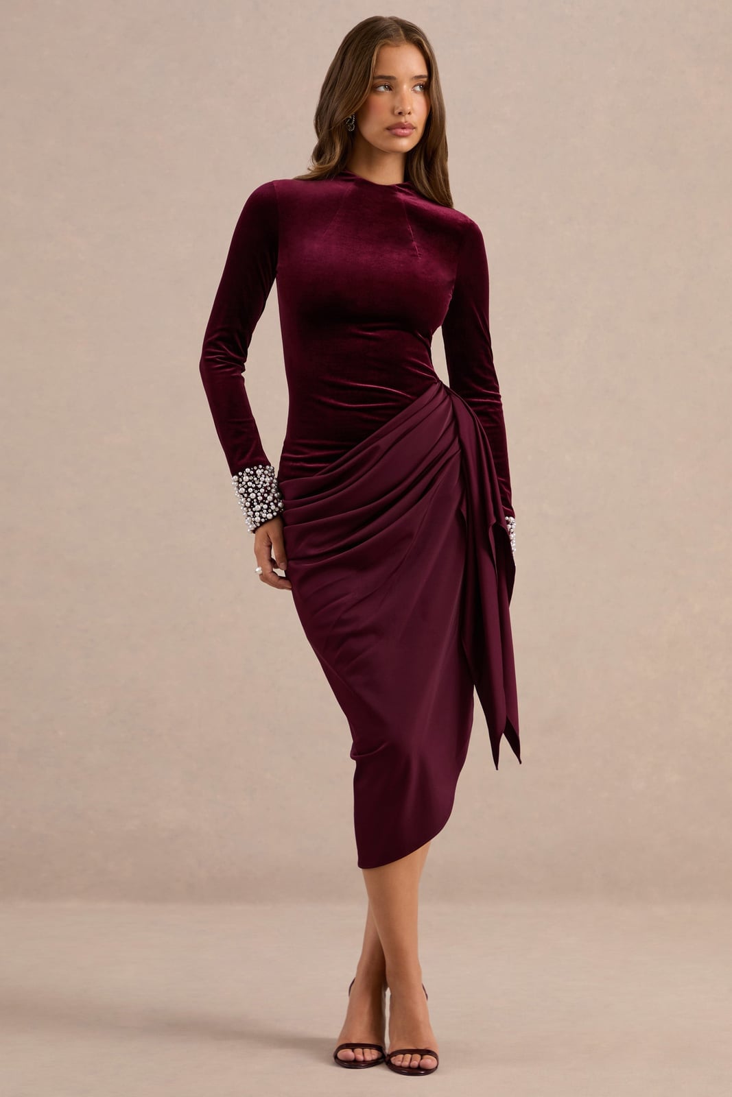 Deep Red Velvet Dress with Draped Satin Skirt — Classy Night Club Outfit