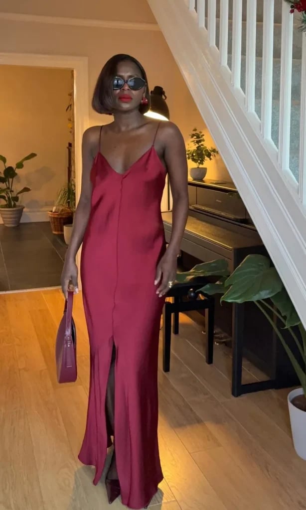 Dark Red Satin Slip Dress with Thigh-High Slit — Classy Night Club Outfit