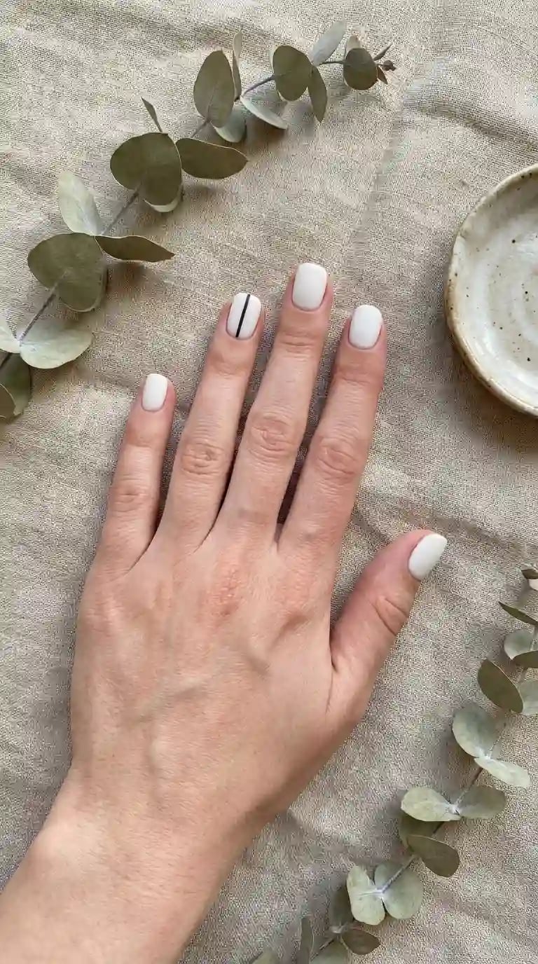 Milky White Short Square Nails with Black Line Art — Classy Nurse Nails