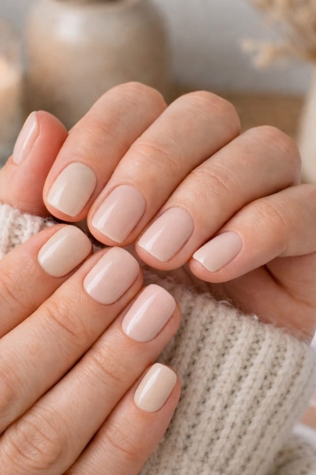 Milky Pink Shimmer Short Almond Nails — Classy Nurse Nails
