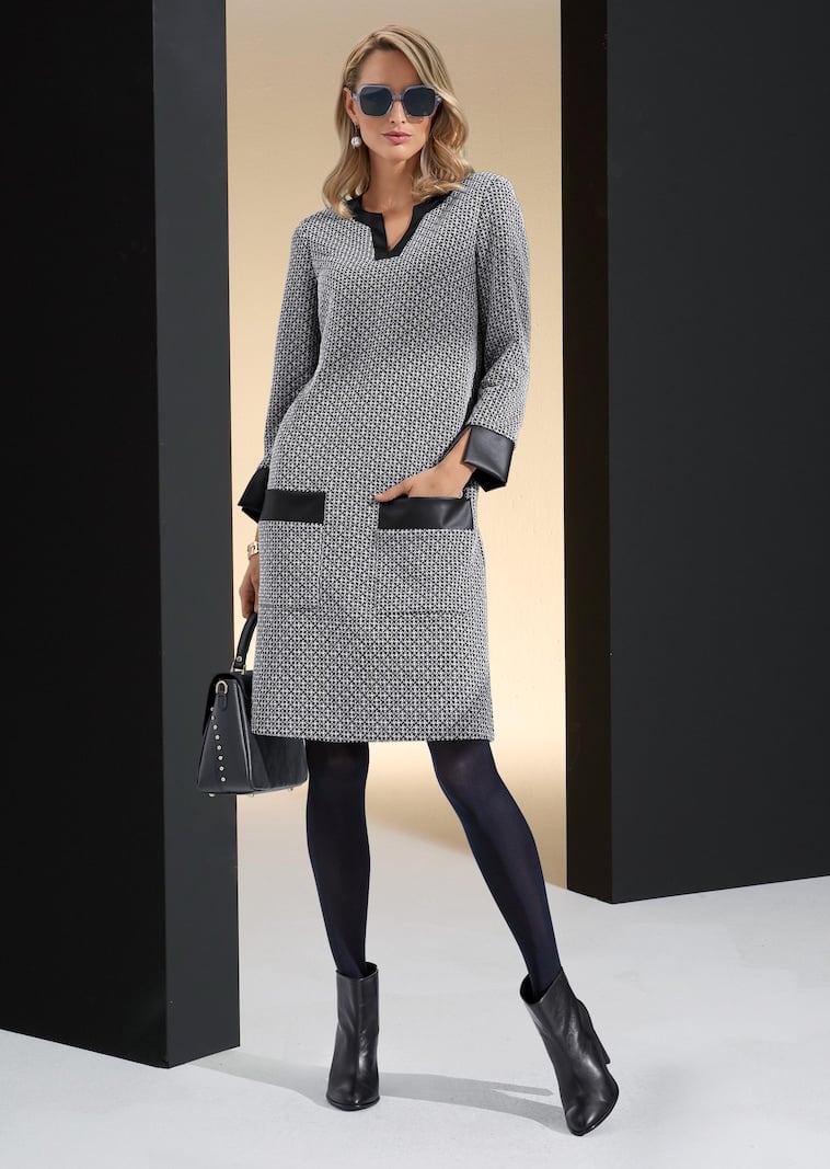 Grey and White Tweed Dress with Black Leather Trim Grey and White Tweed Dress with Black Leather Trim — Classy Office Dresses