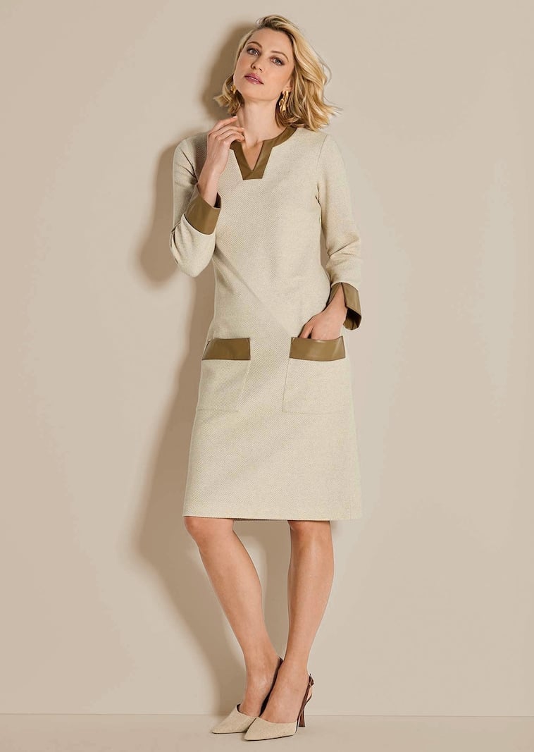 Cream Knit Sheath Dress with Tan Leather Trim Cream Knit Sheath Dress with Tan Leather Trim — Classy Office Dresses