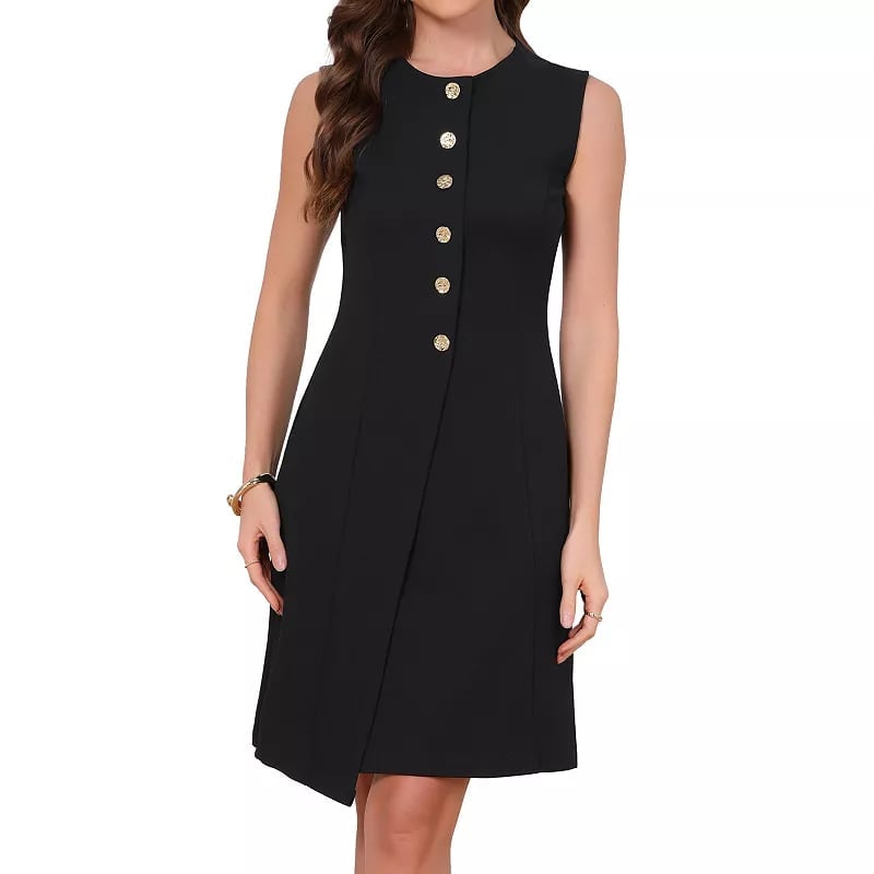 Black Sleeveless A-line Dress with Gold Buttons Black Sleeveless A-line Dress with Gold Buttons — Classy Office Dresses