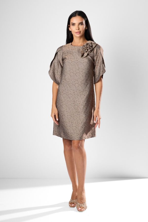 Beige Textured Woven A-line Dress with Floral Detail Beige Textured Woven A-line Dress with Floral Detail — Classy Office Dresses