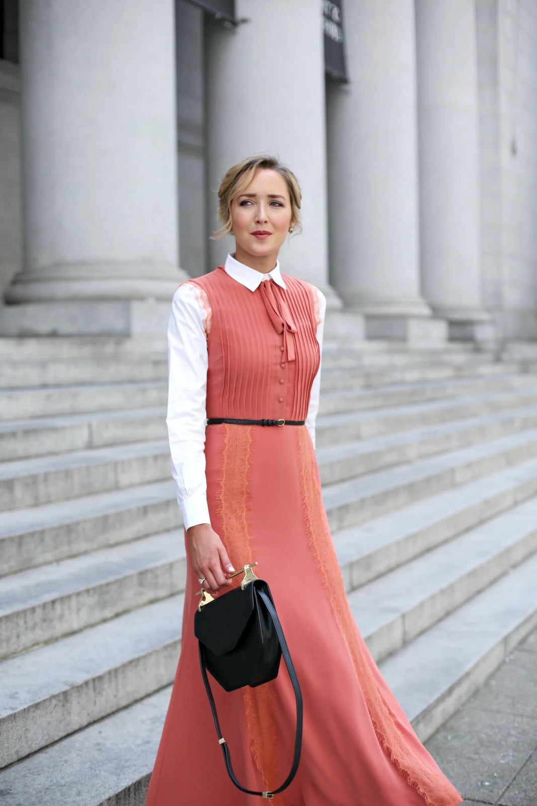 Coral Pleated Dress with Lace Trim and White Shirt Coral Pleated Dress with Lace Trim and White Shirt — Classy Office Dresses
