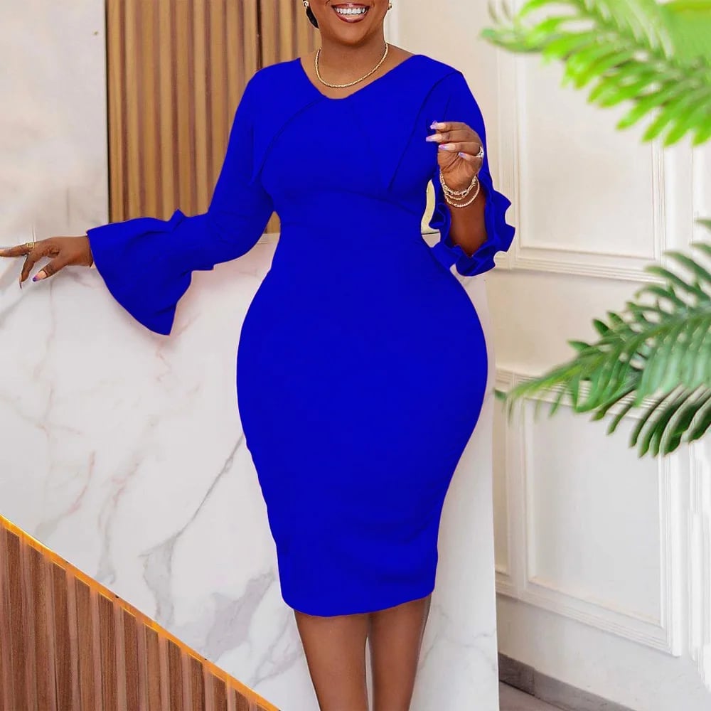 Royal Blue Textured Knit Sheath Dress with Bell Sleeves Royal Blue Textured Knit Sheath Dress with Bell Sleeves — Classy Office Dresses