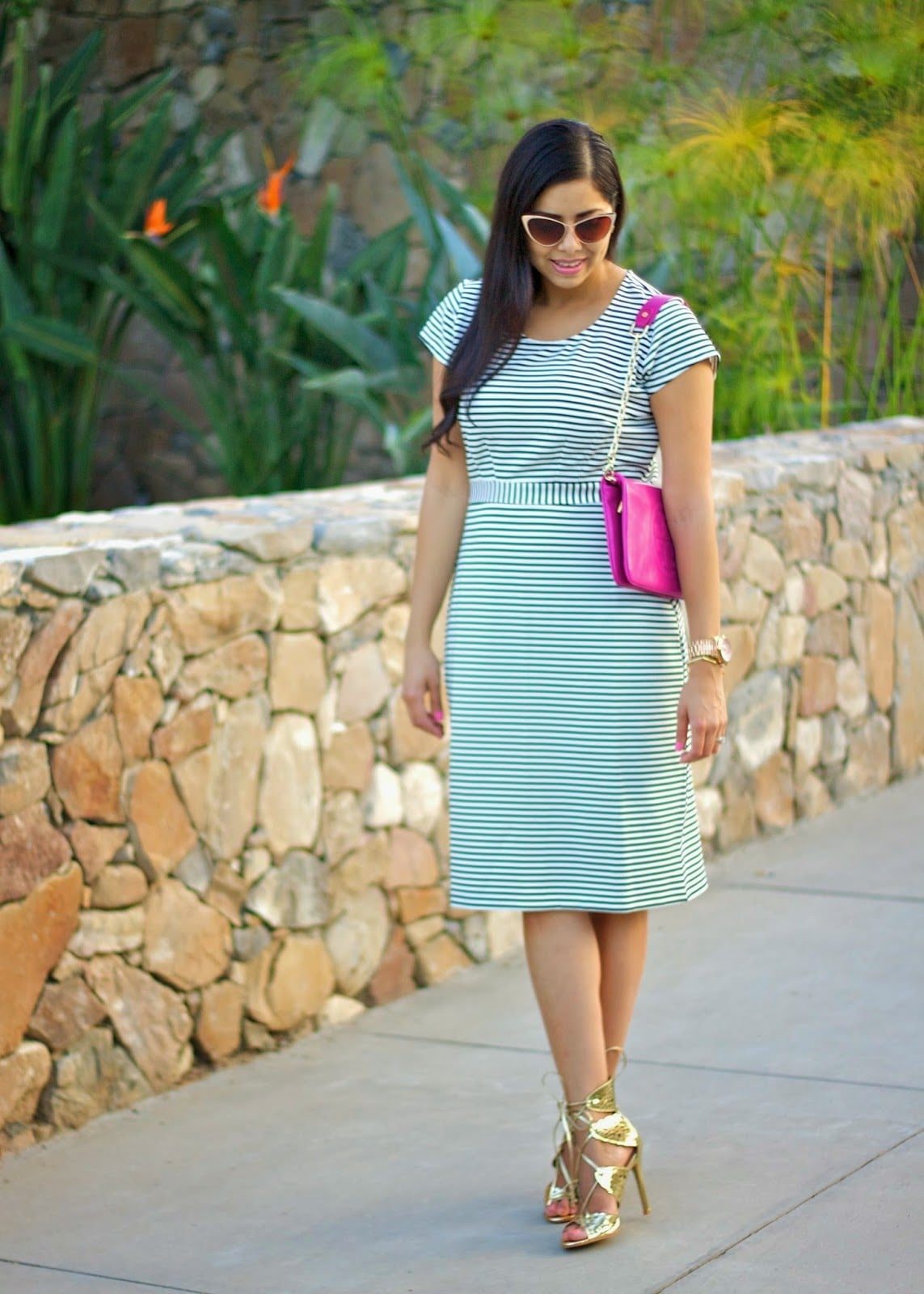 White and Green Striped Jersey A-line Midi Dress White and Green Striped Jersey A-line Midi Dress — Classy Office Dresses