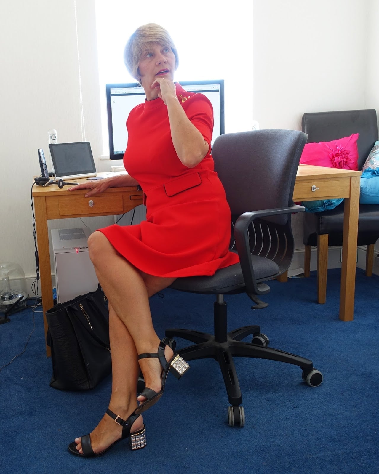 Red Fit-And-Flare Dress with Button Details and Embellished Sandals Red Fit-And-Flare Dress with Button Details and Embellished Sandals — Classy Office Dresses