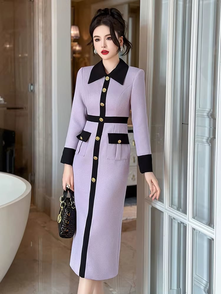 Lavender Knit Sheath Dress with Black Trim and Gold Buttons Lavender Knit Sheath Dress with Black Trim and Gold Buttons — Classy Office Dresses