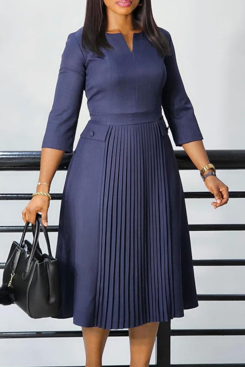 Navy Blue Midi Dress with Three-Quarter Sleeves and Pleated Skirt Navy Blue Midi Dress with Three-Quarter Sleeves and Pleated Skirt — Classy Office Dresses