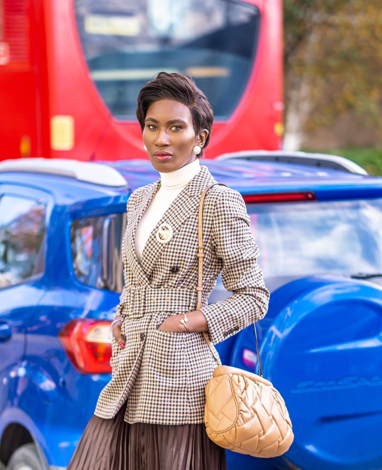 Checked Blazer with White Turtleneck and Wide-Leg, Low-Key Version Checked Blazer with White Turtleneck and Wide-Leg, Low-Key Version — Classy Office Dresses