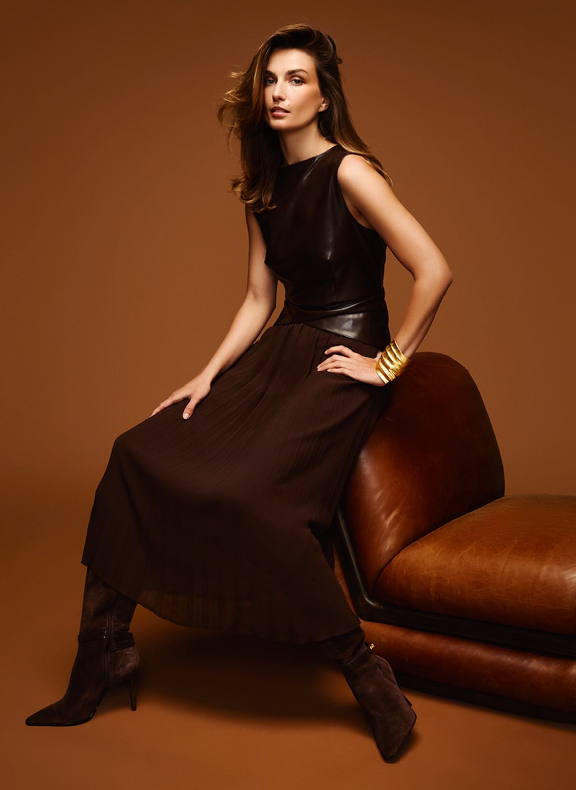 Two-tone Dress with Leather Bodice and Pleated Chiffon Skirt Two-tone Dress with Leather Bodice and Pleated Chiffon Skirt — Classy Office Dresses