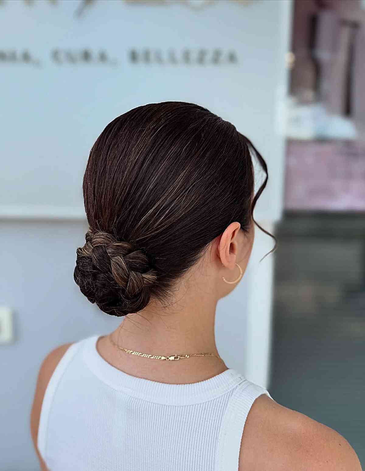 Dark Brown Braided Bun With Subtle Highlights — Classy Office Hairstyles