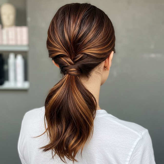 Dark Brown Ponytail With Caramel Highlights Twist — Classy Office Hairstyles