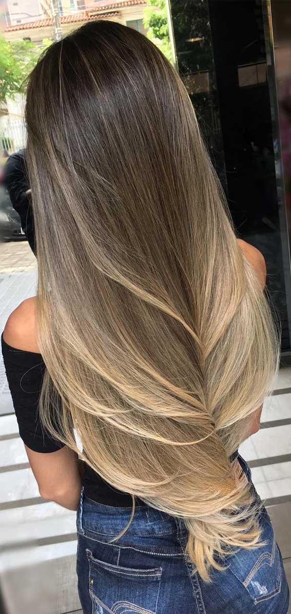Mid-Back Wavy Ombre Dark Brown To Lighter Blonde, Middle Mid-Back Wavy Ombre Dark Brown To Lighter Blonde, Middle — Classy Ombre Hair