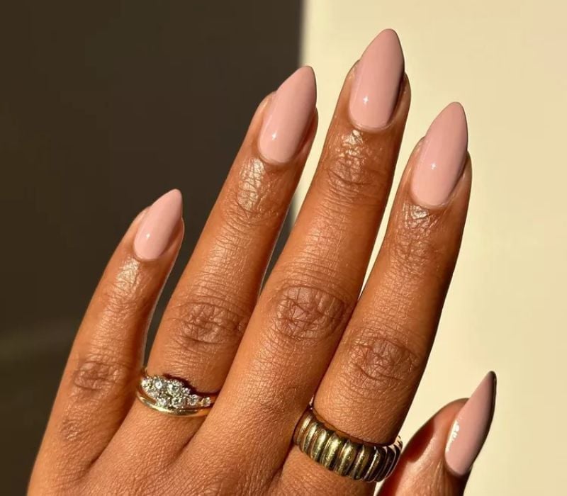 Medium Almond Neutral Pink Glossy Nails Medium Almond Neutral Pink Glossy Nails — Classy One Color Nails