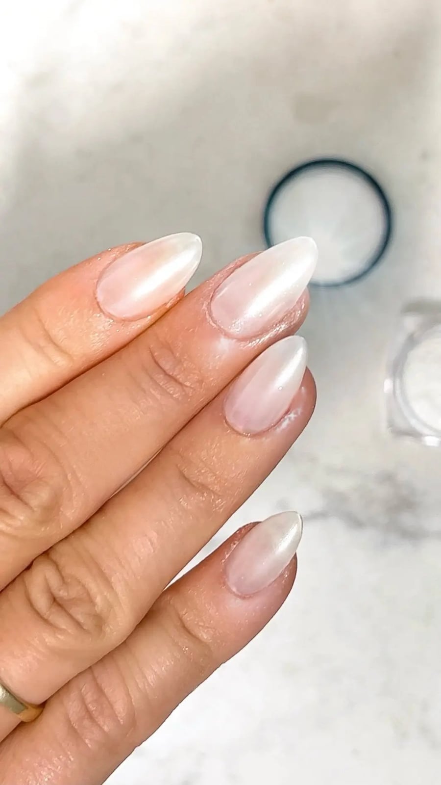 Medium Almond Pearl White Glossy Nails Medium Almond Pearl White Glossy Nails — Classy One Color Nails