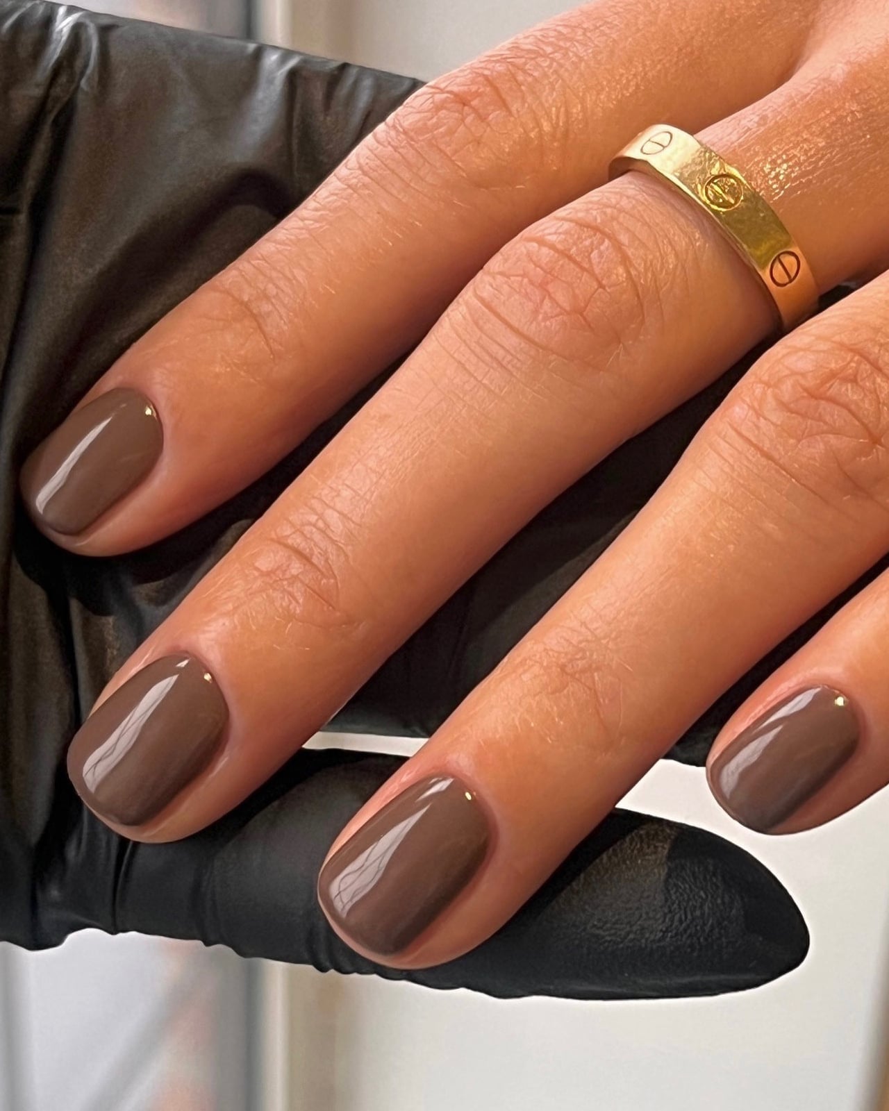 Medium Brown Glossy Short Square Nails With Gold Dot Medium Brown Glossy Short Square Nails With Gold Dot — Classy One Color Nails