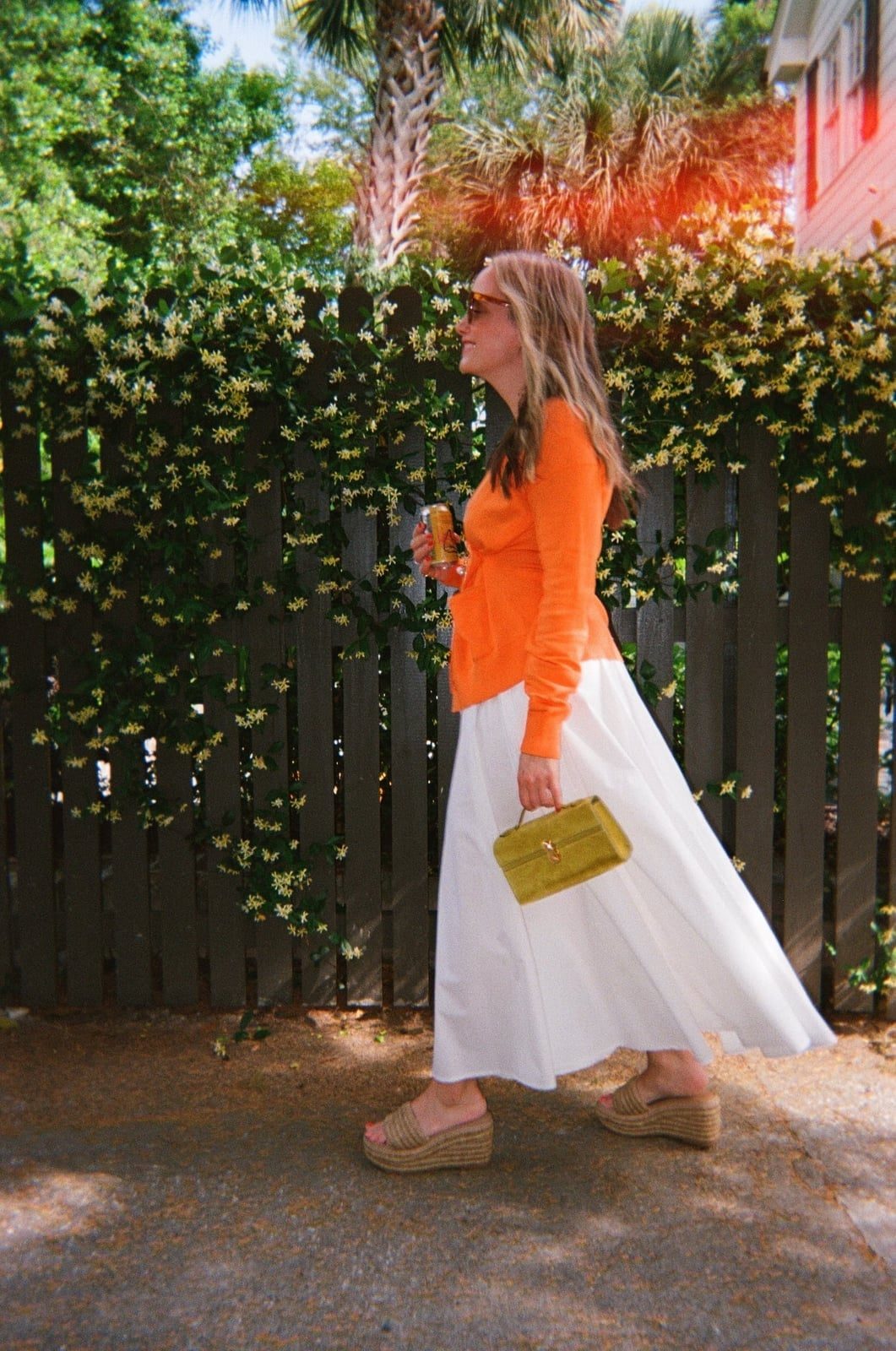 Bright Orange Cardigan with White Full Skirt Bright Orange Cardigan with White Full Skirt — Classy Orange Outfits