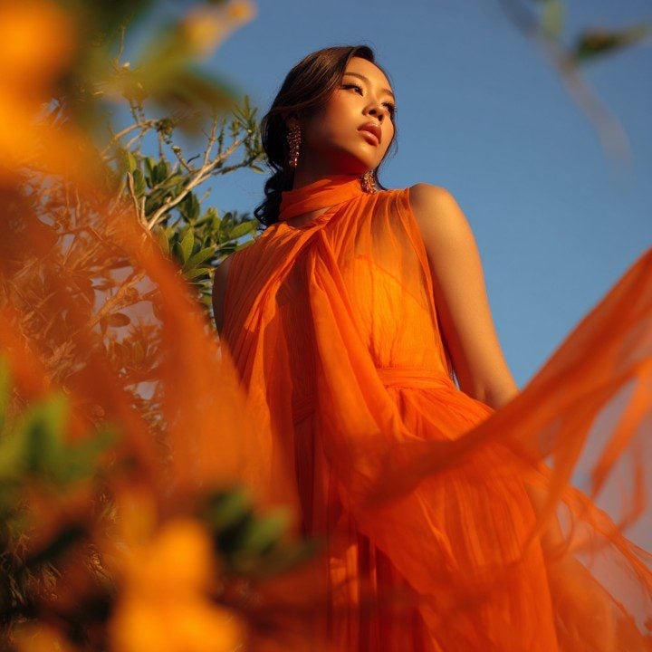 Flowing Orange Dress with Draped Neckline Flowing Orange Dress with Draped Neckline — Classy Orange Outfits