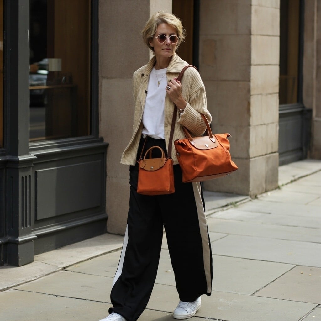 Orange Handbags with Beige Cardigan and Black Trousers Orange Handbags with Beige Cardigan and Black Trousers — Classy Orange Outfits