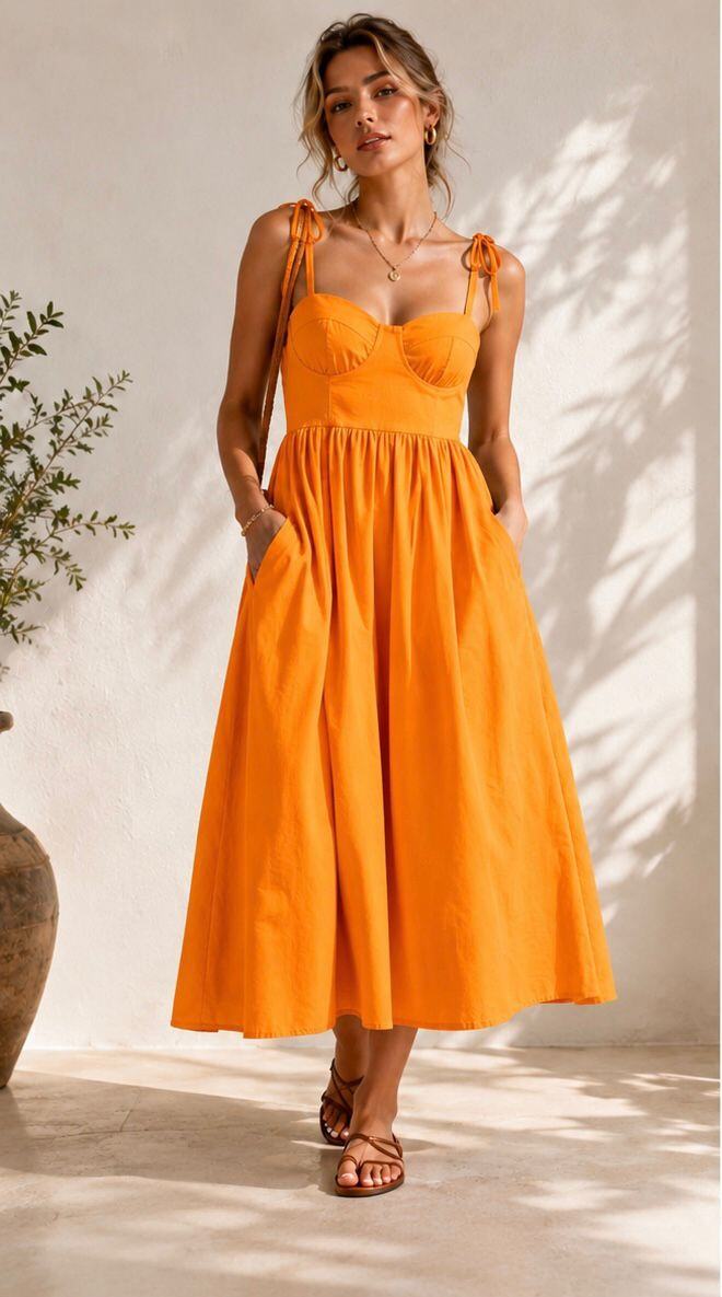 Bright Orange Midi Dress for Summer Day Bright Orange Midi Dress for Summer Day — Classy Orange Outfits
