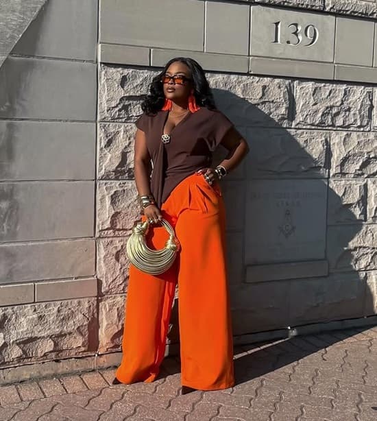 Bright Orange Wide Leg Trousers with Asymmetrical Top Bright Orange Wide Leg Trousers with Asymmetrical Top — Classy Orange Outfits