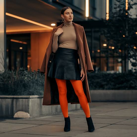 Bright Orange Tights with Leather Skirt Bright Orange Tights with Leather Skirt — Classy Orange Outfits