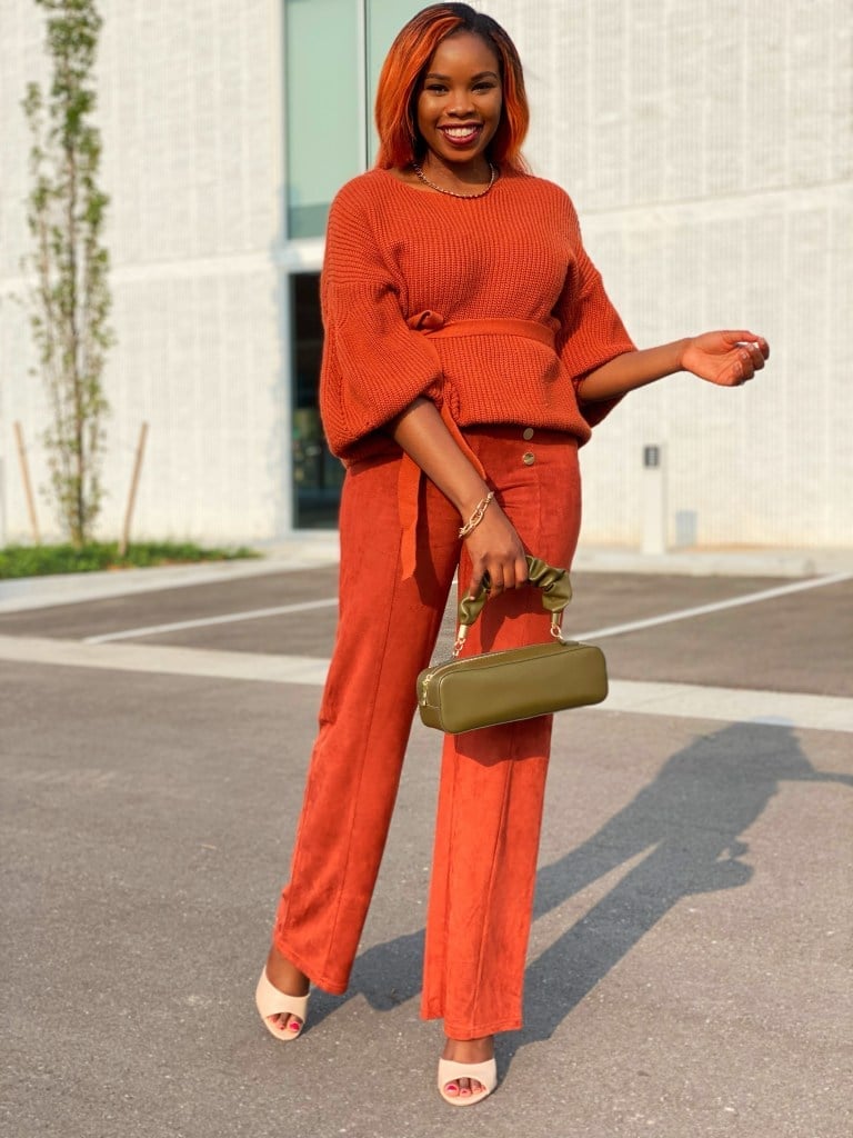 Monochromatic Orange Wide-Leg Trousers and Belted Sweater — Classy Orange Pants Outfits