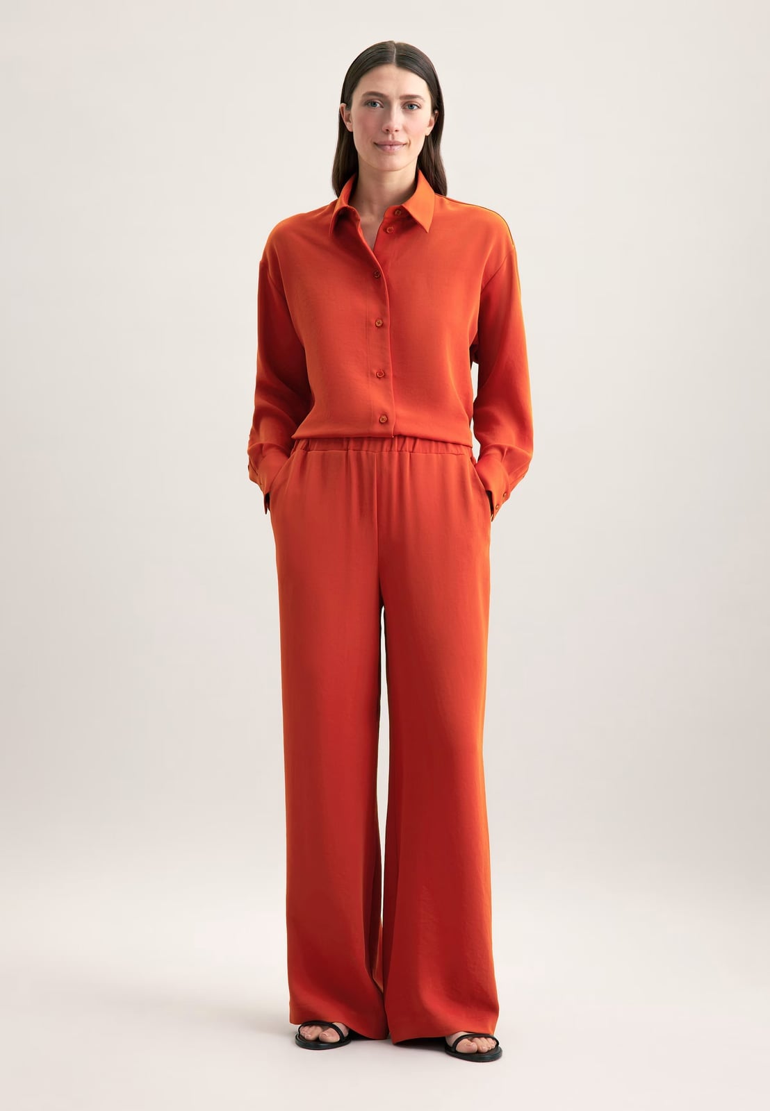 Orange Wide-Leg Trousers and Collared Shirt Set — Classy Orange Pants Outfits