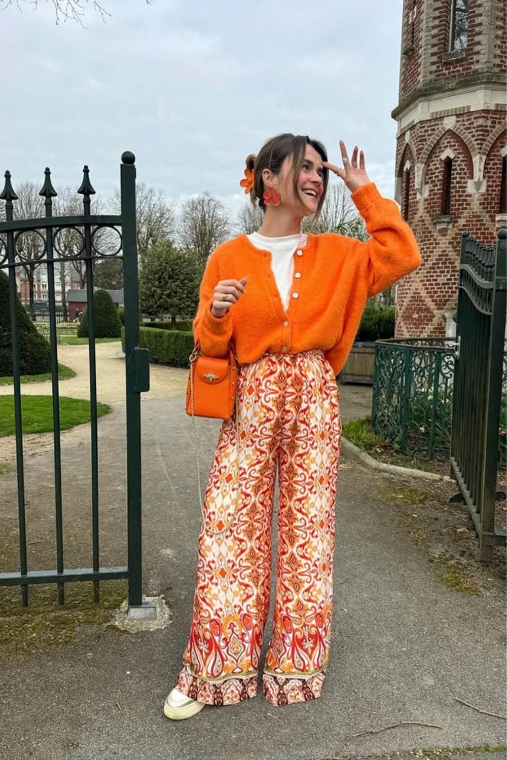Patterned Orange and Cream Wide-Leg Pants with Knit Cardigan — Classy Orange Pants Outfits