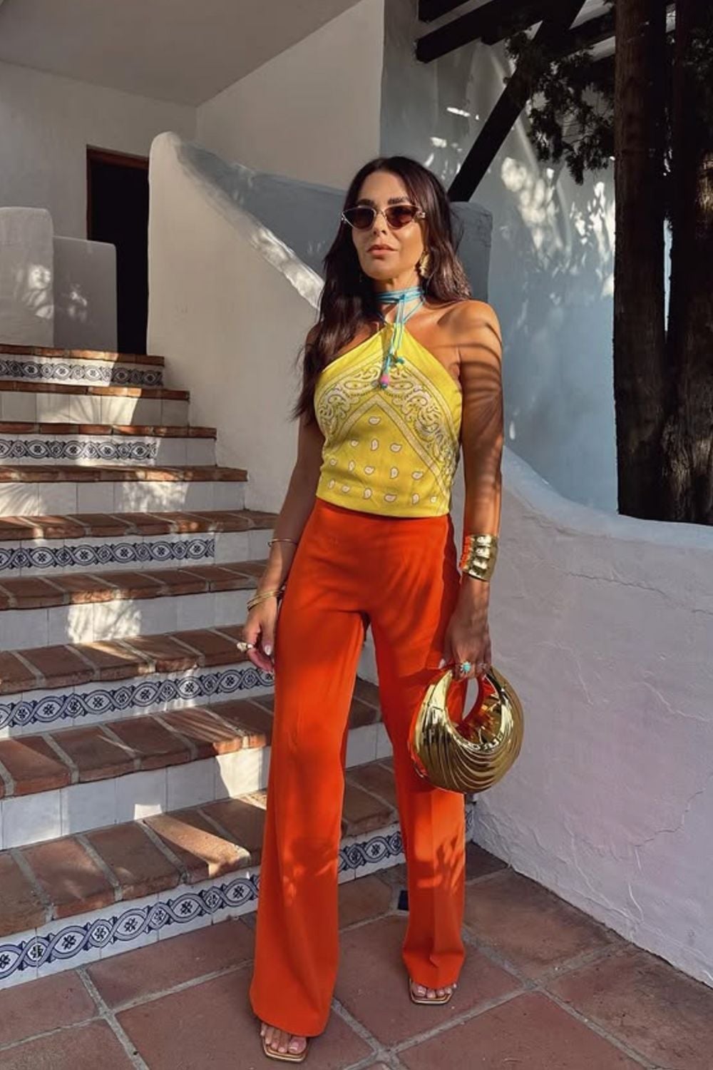 Bright Orange Wide-Leg Trousers with a Yellow Bandana Top — Classy Orange Pants Outfits