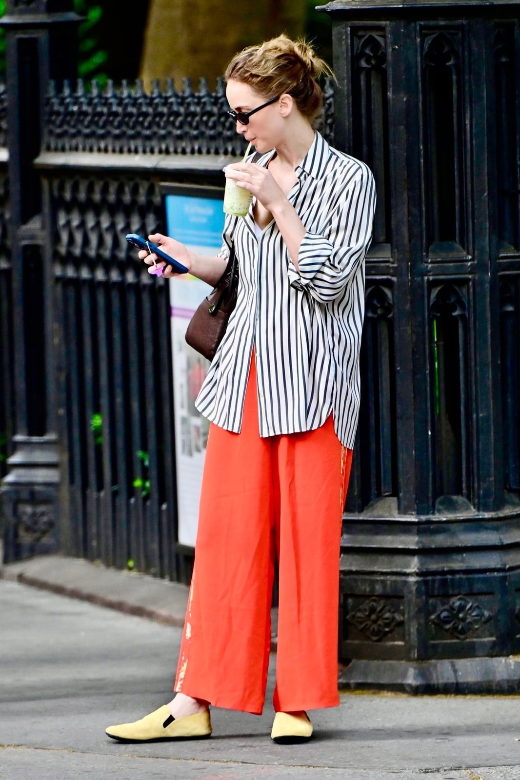 Bright Orange Wide-Leg Trousers with a Striped Button-Down Shirt — Classy Orange Pants Outfits