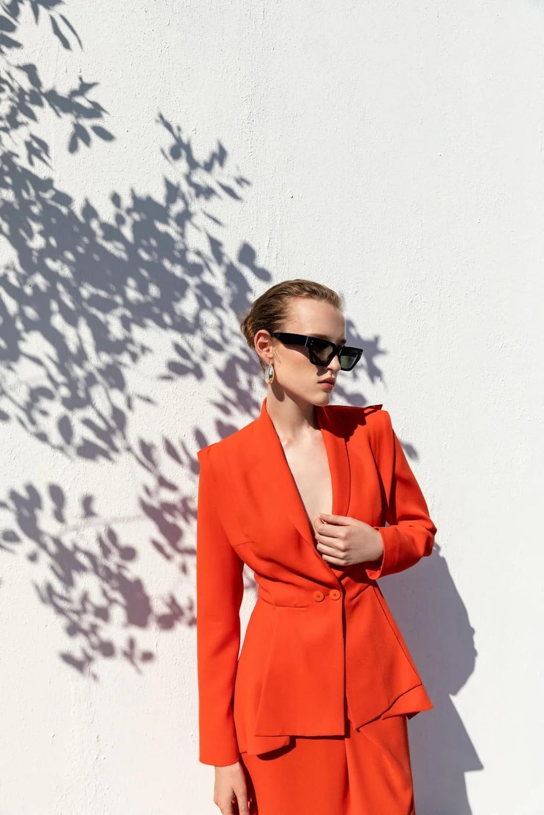 Orange Blazer and Matching Wide-Leg Trousers, Close-Up Take — Classy Orange Pants Outfits