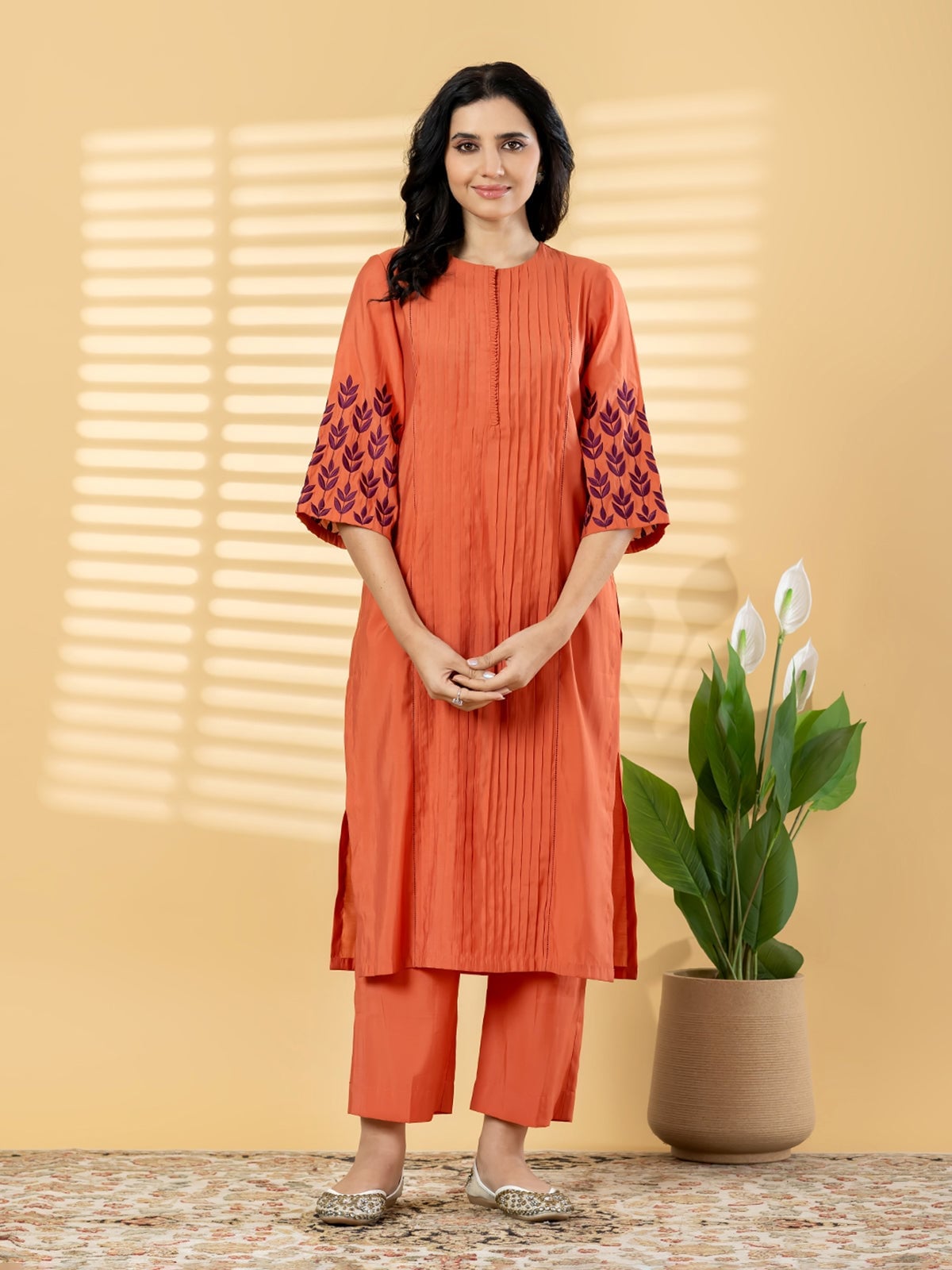 Dusty Orange Kurti with Embroidered Sleeves, Close-Up Take — Classy Orange Pants Outfits