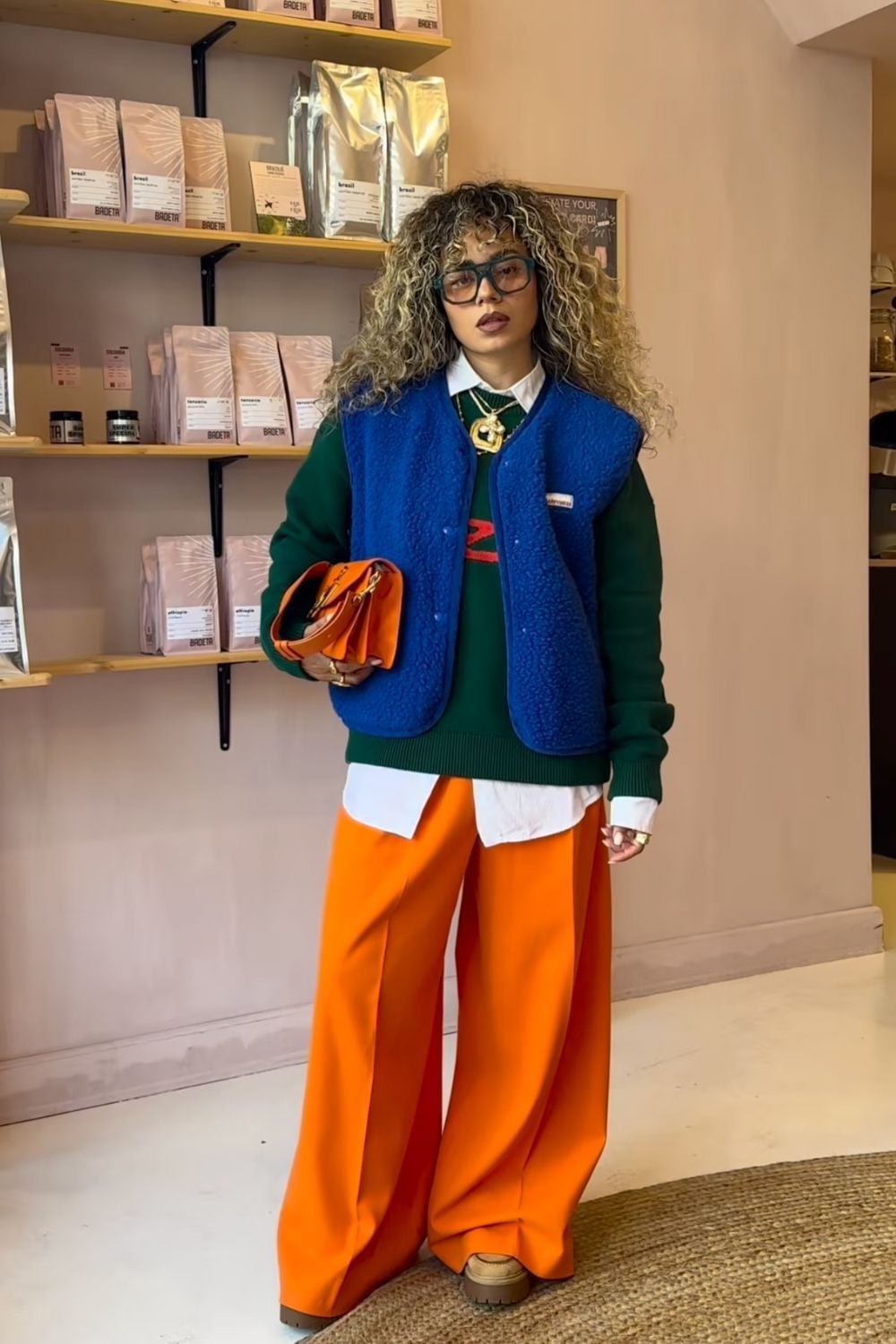 Vibrant Orange Wide-Leg Trousers with Layered, Office-Safe Version — Classy Orange Pants Outfits