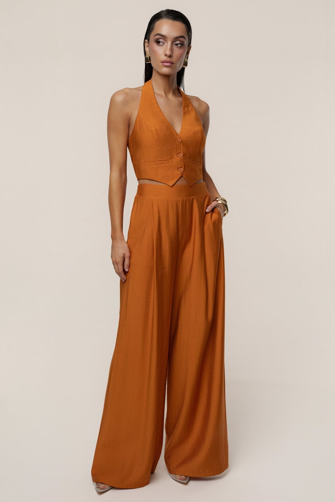 Rust Orange Linen-Blend Palazzo Pants and Halter Vest — Classy Orange Pants Outfits